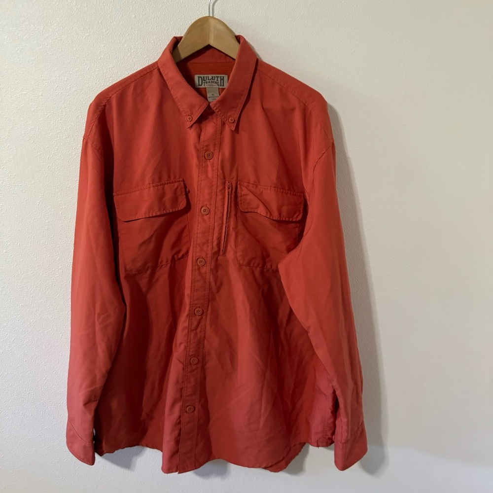 Duluth Trading Coolplus Long Sleeve Vented Fishing Shirt Orange UPF-XL